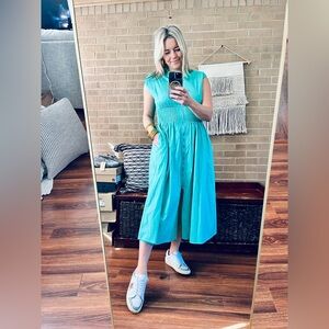 She + Sky Teal Zip-Front Smocked-Waist Midi Dress